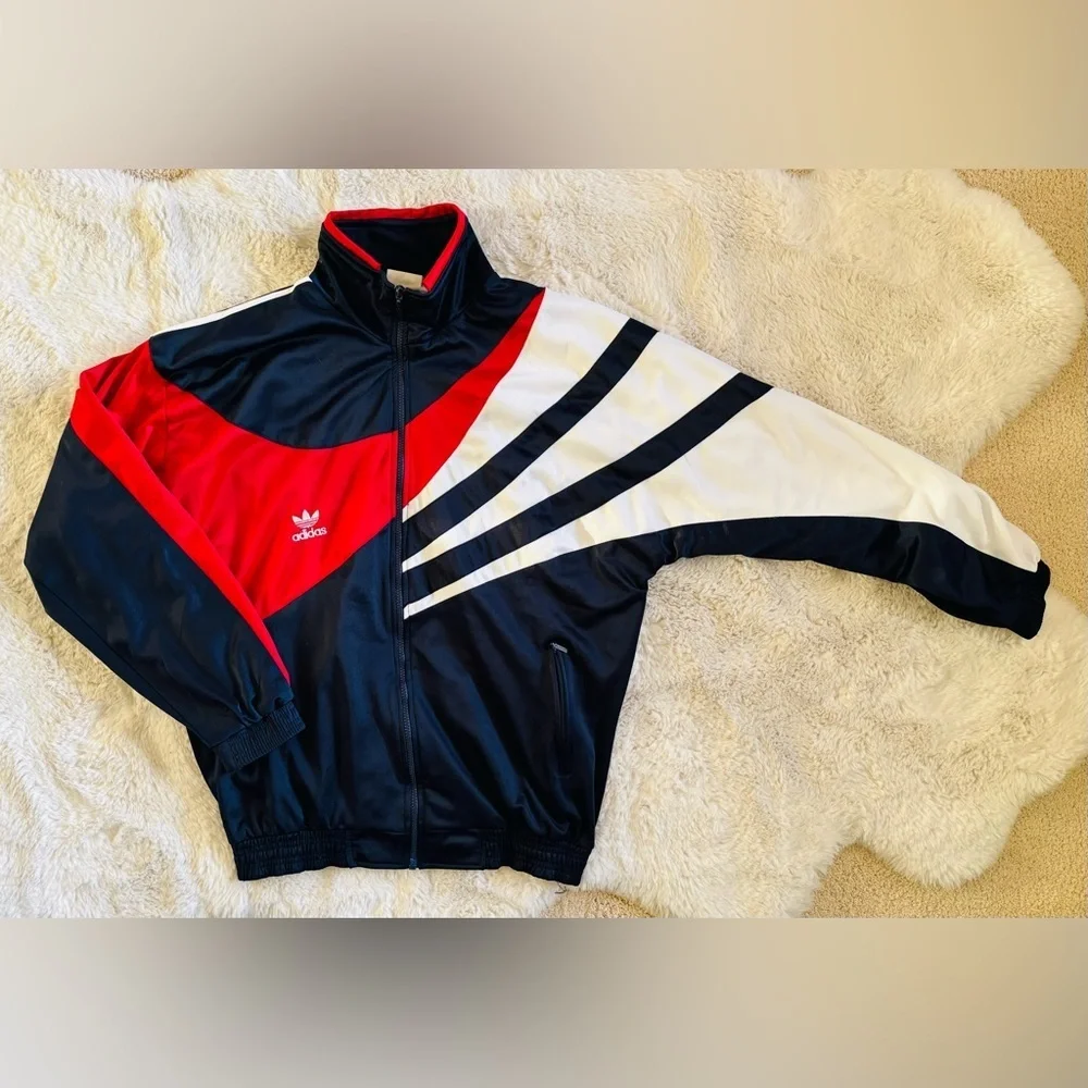 Vintage Y2K Adidas Full Zip Front Track Suit Jacket Red, White, Blue Size; 2XL